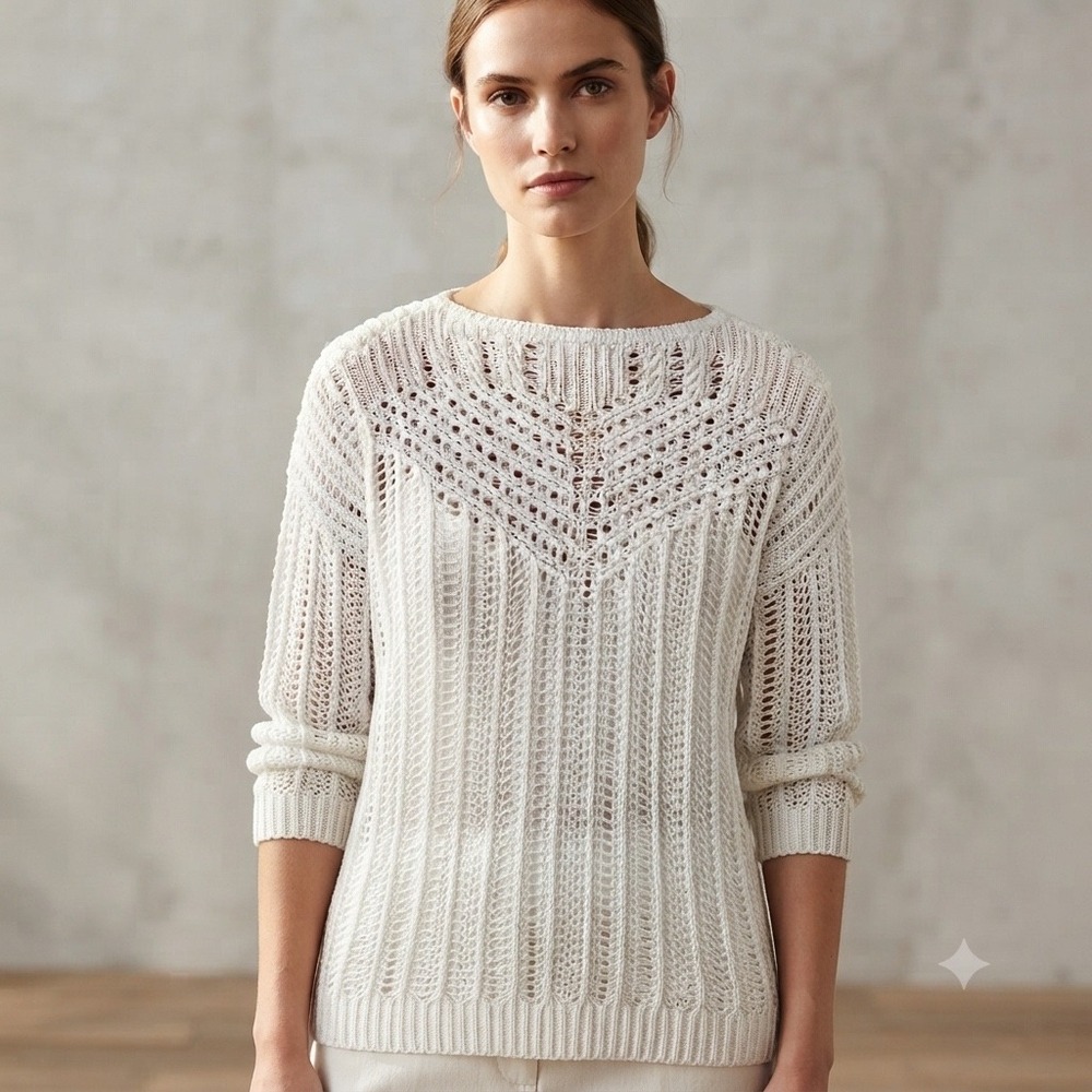LOFT Womens White Open Knit Cotton Sweater Pointelle Boat Neck Boho Coastal NEW